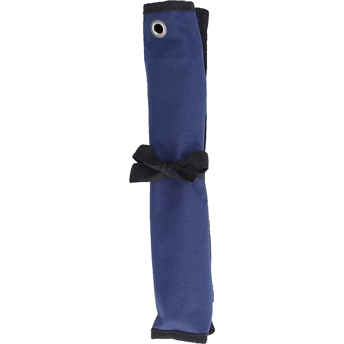 Gerolltes blaues Stoffstück mit schwarzer Schleife.